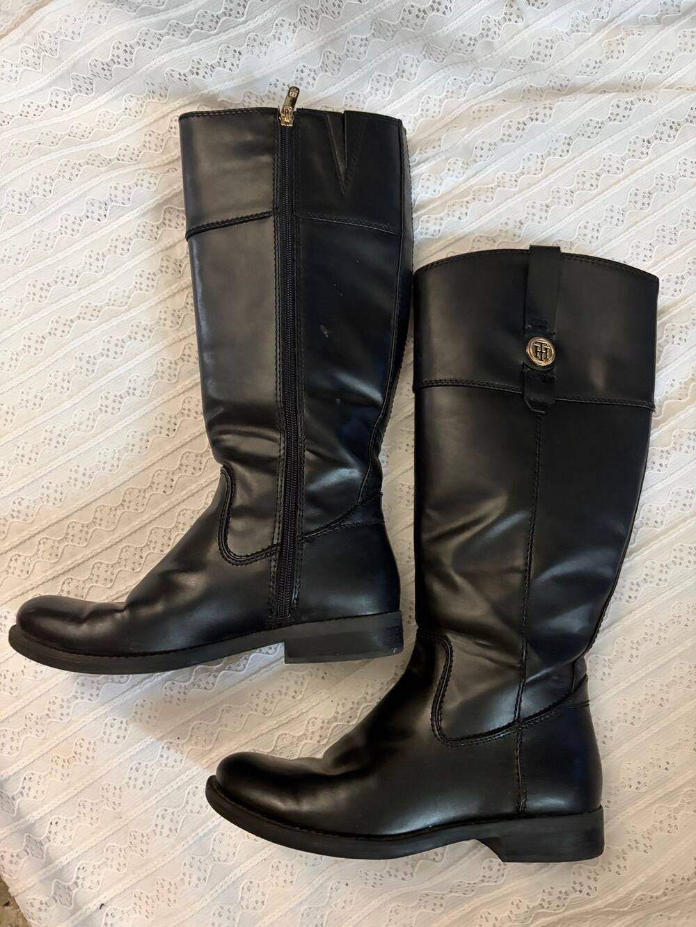 Tommy Hilfiger Black Riding Boots Women's 7.5 Knee High Logo Zip Equestrian